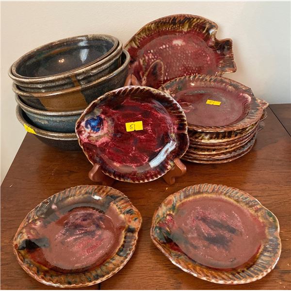 Twelve Handmade Stoneware Pottery Plates Five Assorted Stoneware Bowls