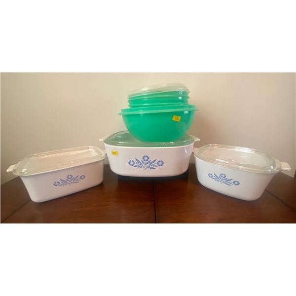 Three Corningware Casserole Dishes w/ Lids & Tupperware Strainer w/ Lettuce Keeper
