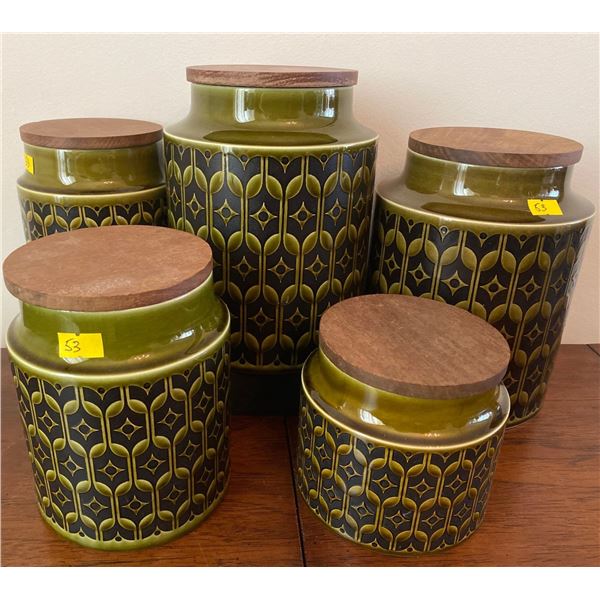 Six Unique Vintage Wood Top Glass Canister Set Hornsea England