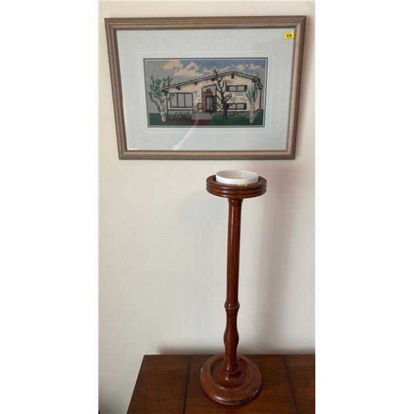 Vintage Wood Ashtray 2 Feet Tall and Framed Wall Hanging Needle Point 20W x 14T