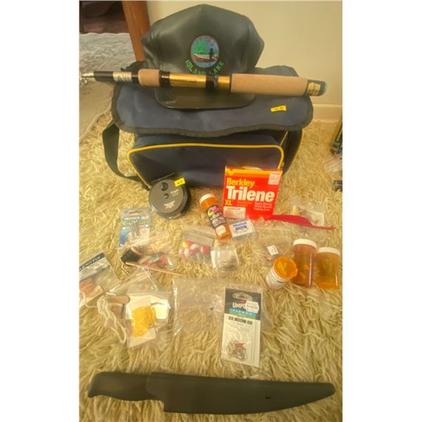 Tackle Box Fishing Rod Filet Knife Eagle Fly Reel Berkley Line & Assortment of Fishing Accessories