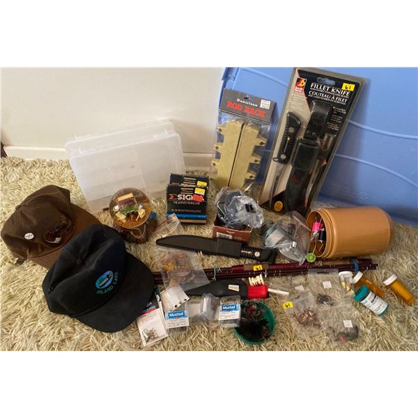 Southbend Filet Knives Fishing Rod Rod Rack Daiwa Reel Fishing LIne and Assorted Fishing Gear