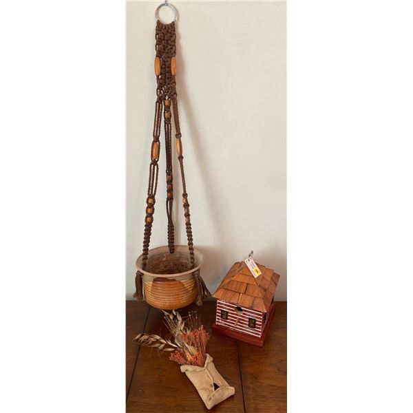 Vintage Birdhouse & Handmade Macrame Hanging Plant Pot
