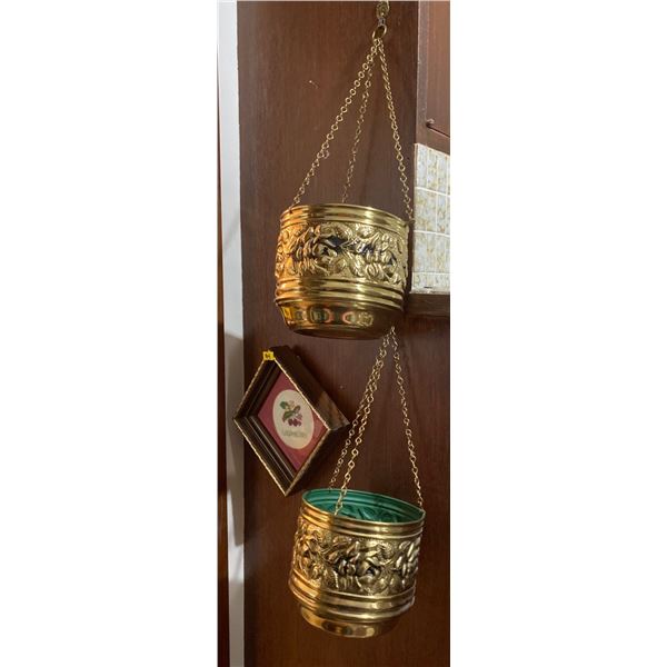 2 Vintage Brass Hanging Plant Pots 6x5 Small Embroidered Picture In Frame 6x6
