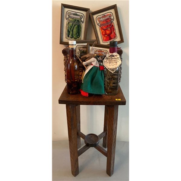 Wooden Side Table 12W x 21H 4 Embroidered Wall Hangings 5"x6" Woven Basket Oil Jars Kitchen Witch
