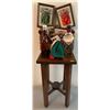 Image 1 : Wooden Side Table 12W x 21H 4 Embroidered Wall Hangings 5"x6" Woven Basket Oil Jars Kitchen Witch