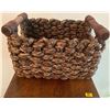 Image 4 : Wooden Side Table 12W x 21H 4 Embroidered Wall Hangings 5"x6" Woven Basket Oil Jars Kitchen Witch