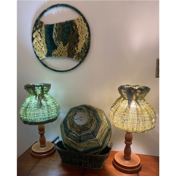 Wooden Lamps With Unique Handmade Green & Yellow Shades x3 Beautiful Macrame Wall Hanging