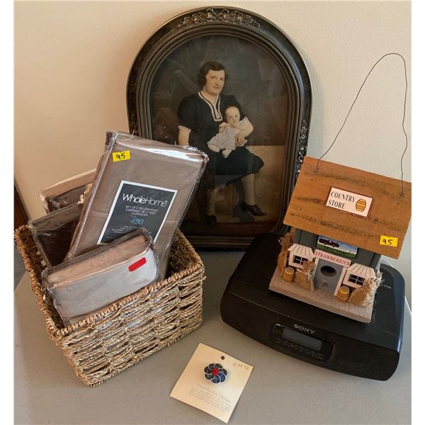 Antique Portrait Alarm Clock 6 Brand New PIllowcase Packs Woven Basket & Birdhouse