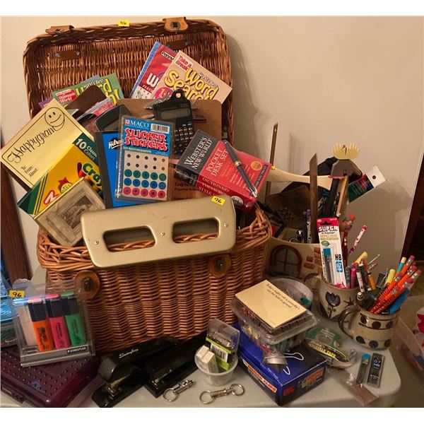 Stationary Lot w/ Wicker Picnic Basket & 2 Stonware Coffee Mugs Staplers Calculators Paper Markers