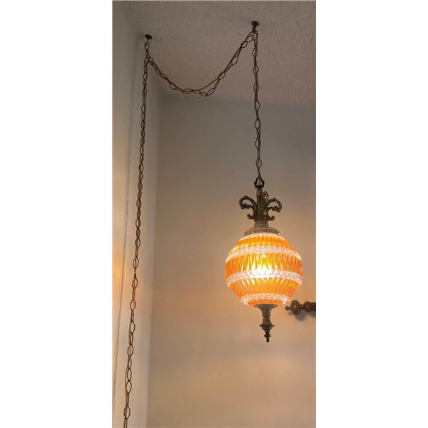 Vintage Hanging Swag Lamp Glass Brass Orange