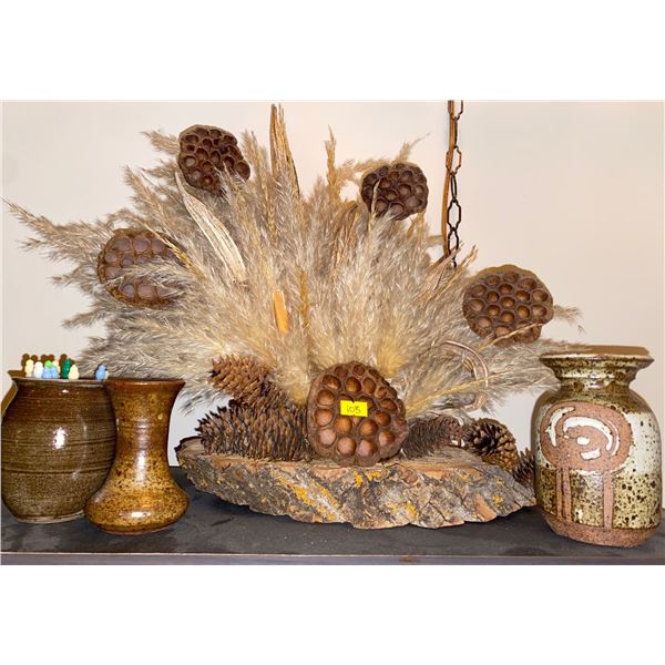 Floral Arrangement on Wood Base 2 Stoneware Vases