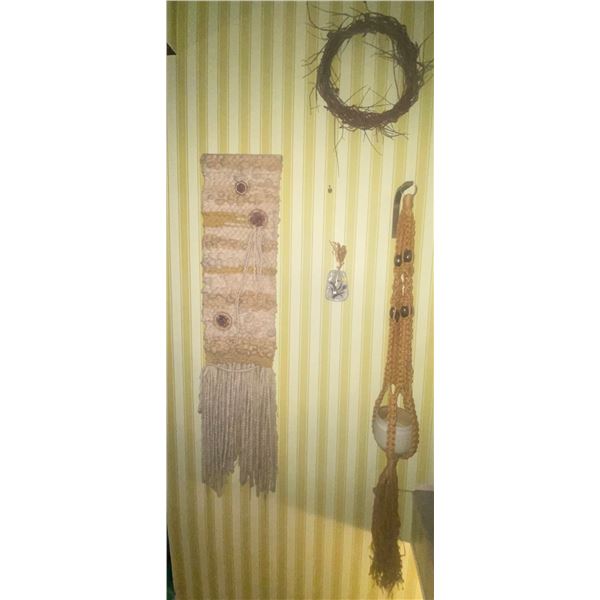 Large Macrame 16 x 66" & Hanging Plant Pot Stoneware Art Pieces Handmade Natural Wreath