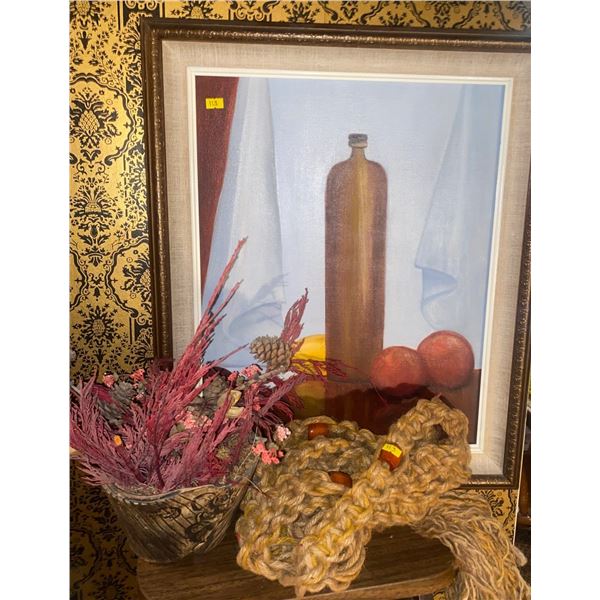 Macrame Plant Hanger Lucy Godard Framed Canvas Art Stoneware Pot w/ Dried Florals