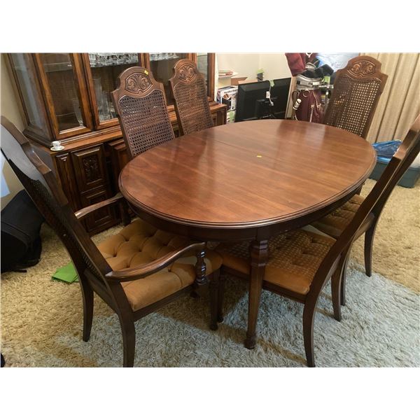 Vintage Wood Dining Table w/ 6 Wood & Velvet Dining Chairs
