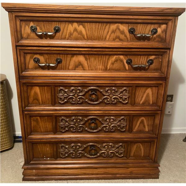 Wood Tall Boy Dresser 5 Drawers Wood Vintage 38 x 19 x 42