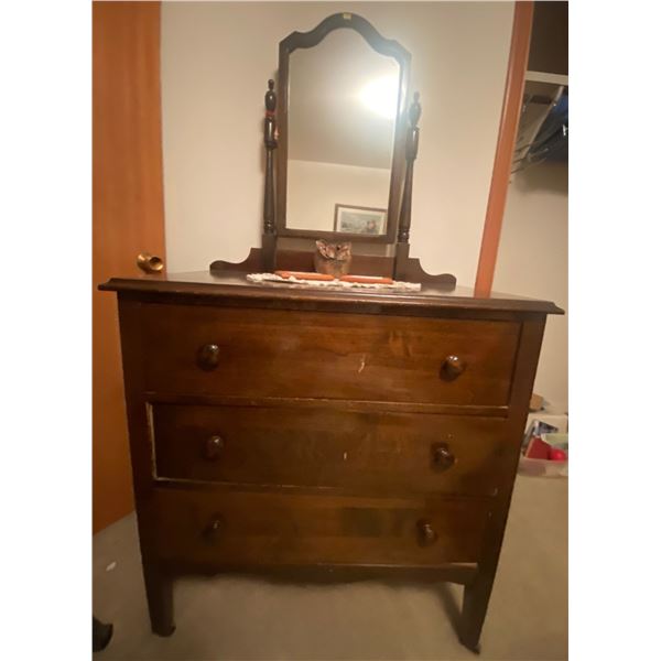 Vintage Wooden Dresser w/ Mirror 34 x 19 x 66 Walnut Color Wheels