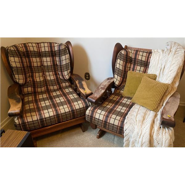 Vintage Brown Plaid Rocking Chairs w/ Wood Base 31 x 38 x 34