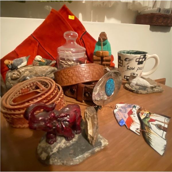 Nature's Art Stone Carvings Real Leather Rodeo Belts Leather Gloves Fisherman Statues