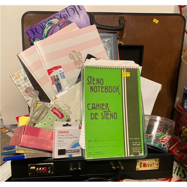 Brief Case Art Folder and Assorted Stationary Note Pads Staples Markers Colored Pencils