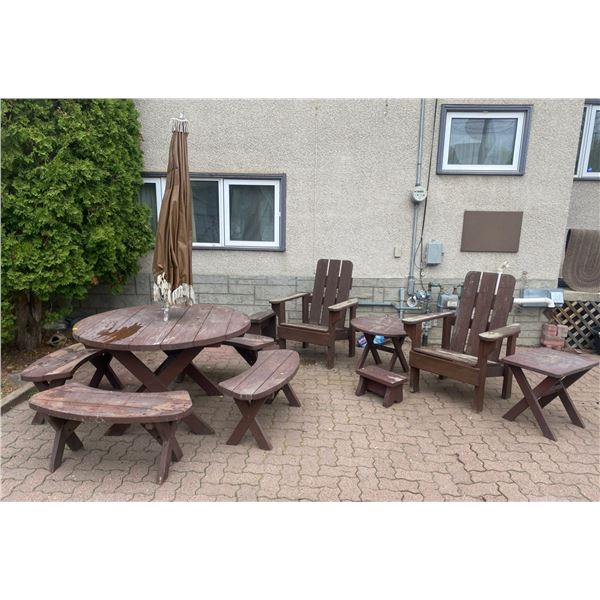 8 Piece Wooden Outdoor Dining Set & Fire Pit Seats Plus 1 Vintage Umbrella!!