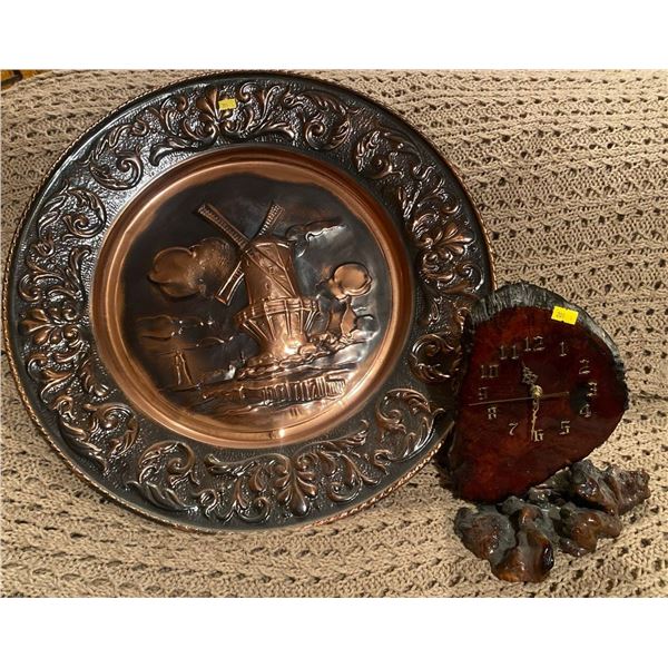 Vintage Bronze Decorative Wall Hanging & Live Edge Clock