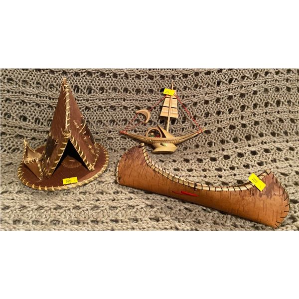 Handmade Birch Canoe Teepee w/ Hand Carved Wood Sail Boat