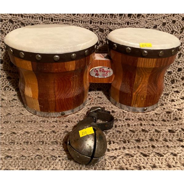 Playa Bongo Drum Set w/ Cow Bell Wood Leather La Playa
