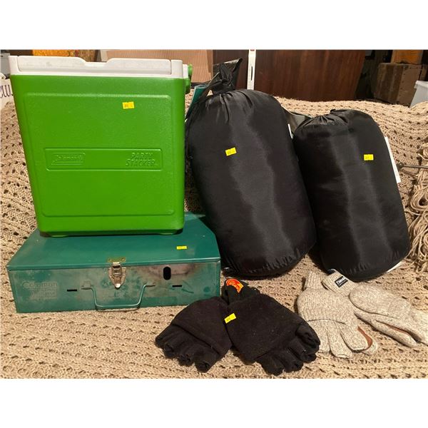 Assortment of Camping Gear Coleman Cooler Lockbox Brand New Sleeping Sacs New Gloves