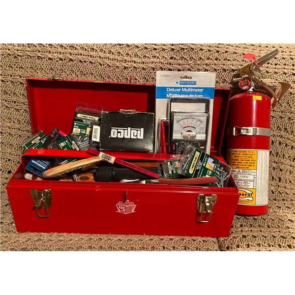 SPG International Metal Tool Box w/ Assorted Tools New & Old Multimeter Flash Light Hardware & Mpre