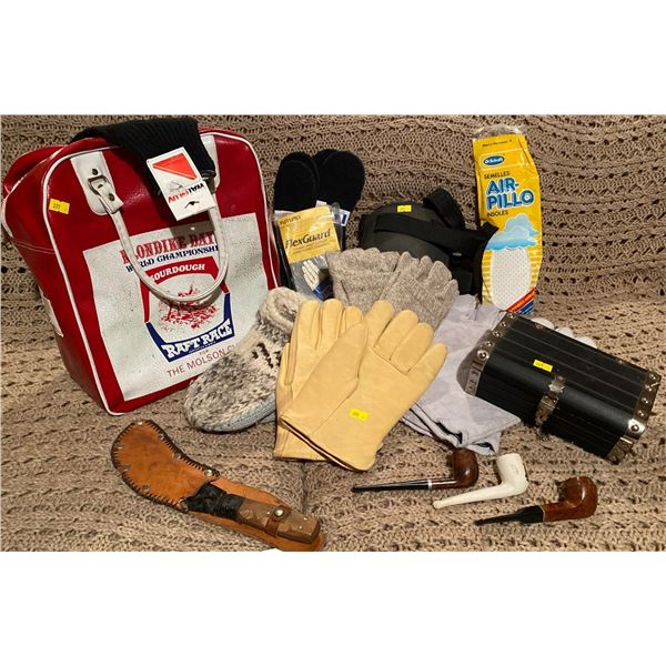Assorted Household Items Tobacco Pipes & Trinkets New Gloves Knife w/ Leather Carry Case & More
