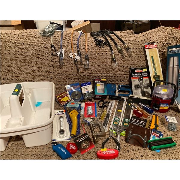 Assorted Tools & Household Items Bungy Cords Hammer Holster Insulated Thermos & More