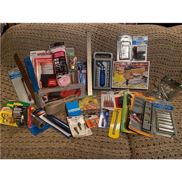 Assorted Household Items & Tools 18 Gauge Brad Nailer Socket Set Screwdriver Set Magnetic Level & Mo