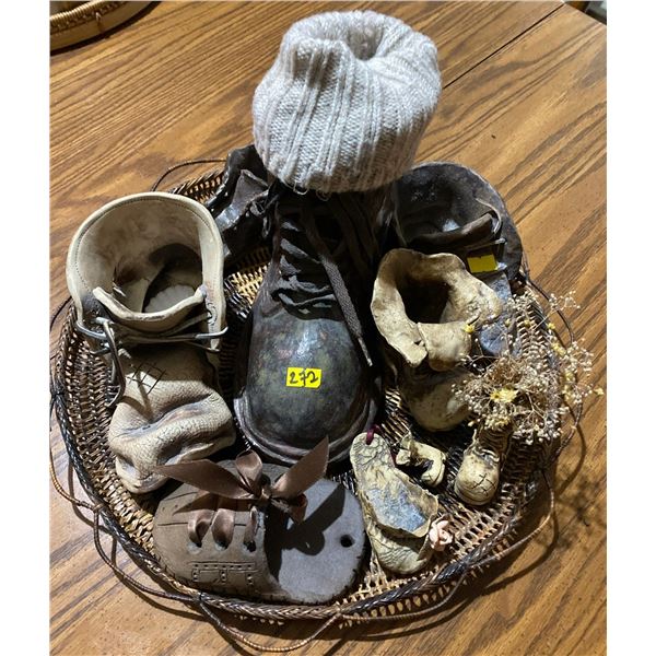 Handmade Ceramic Boot Decor on Rattan Tray Florals