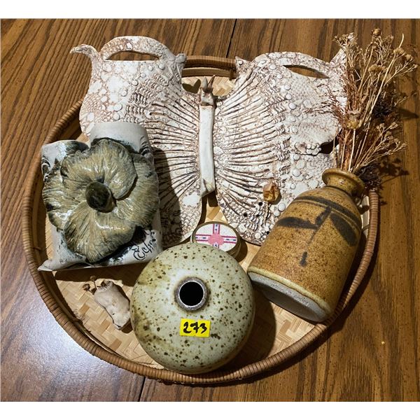 Handmade Pottery Lot Vases Wall Hangings Trinket Boxes w/ tray
