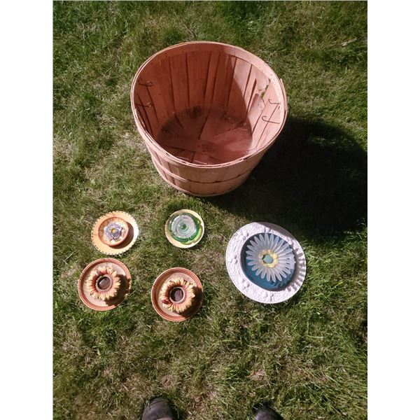 Cedar Basket With Hand Made Garden Pottery Decor