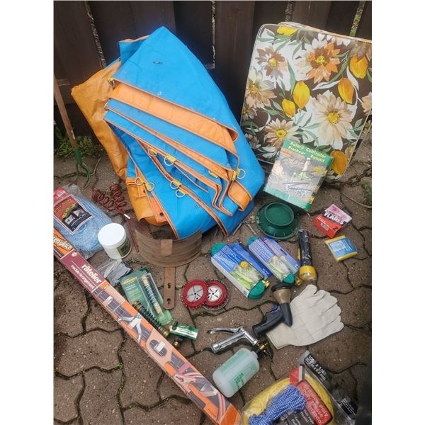 Assortment of Outdoor Accessories Heavy Duty Tarp Rope Utility Rack & More