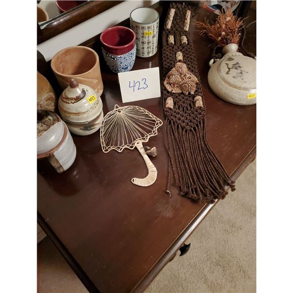 Assorted Pottery w/ Macrame Wall Hanging Stoneware Vintage