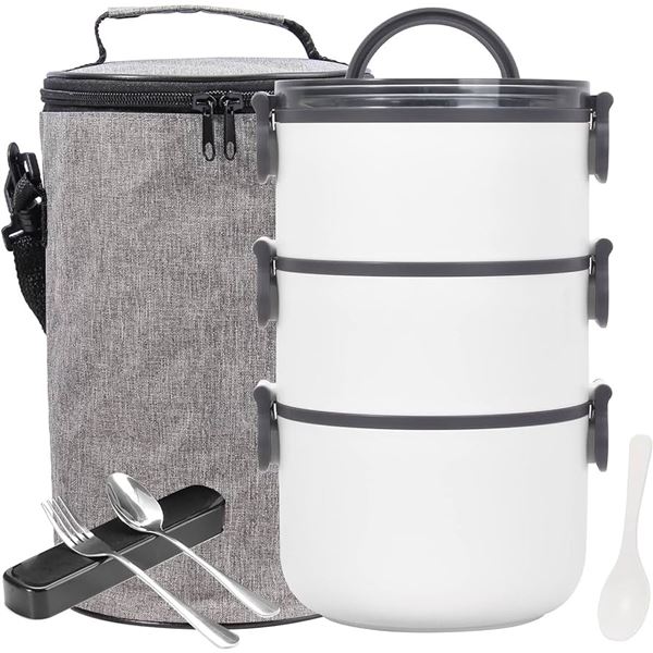 Lot of 1 Stackable 3-Layer Bento Lunch Box w/ Insulated Carrying Bag & Cutlery Set - Brand New