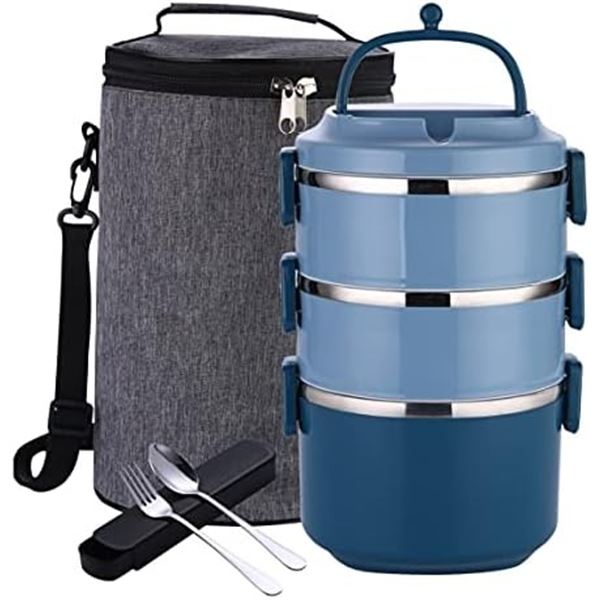 Lot of 1 Stackable 3-Layer Bento Lunch Box w/ Insulated Carrying Bag & Cutlery Set - Brand New