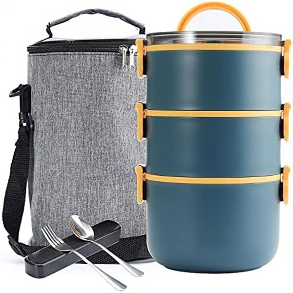 Lot of 1 Stackable 3-Layer Bento Lunch Box w/ Insulated Carrying Bag & Cutlery Set - Brand New