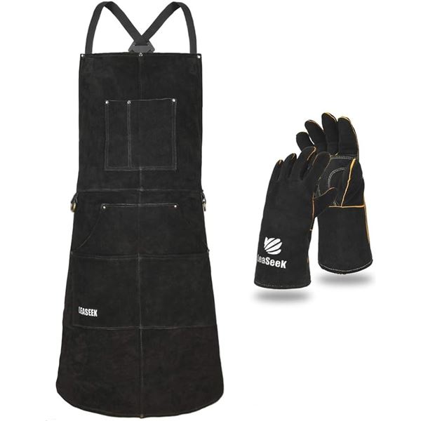 Lot of 1 Leaseek Leather Welding Apron and Gloves Set - Brand New - Heat & Flame Resistant
