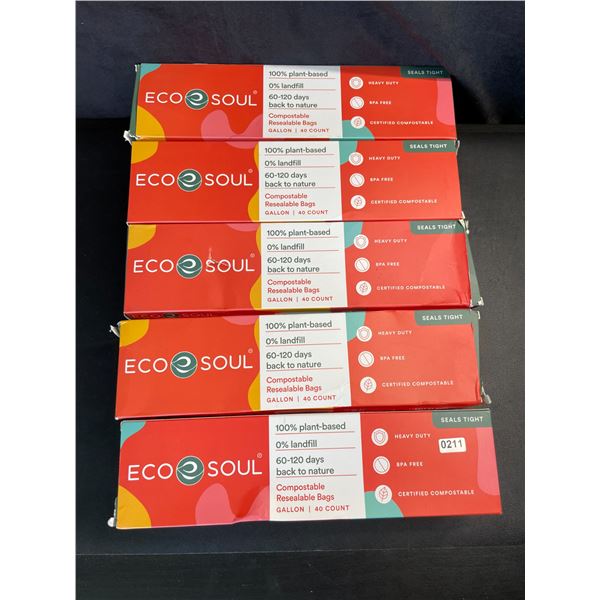 Lot of 5 Boxes of Eco Soul Compostable Resealable Storage Bags - 40 PCS Per Box - Brand New