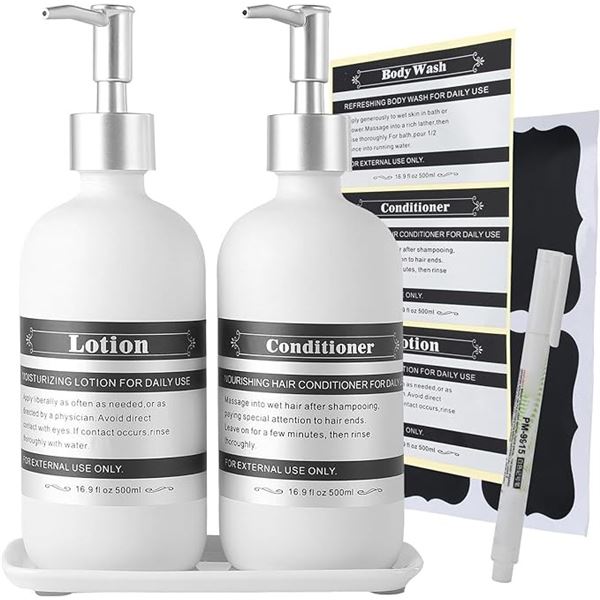 Lot of 3 Sets of Glass Soap Dispensers w/ Pump, Ceramic Tray, and Labels - Brand New!