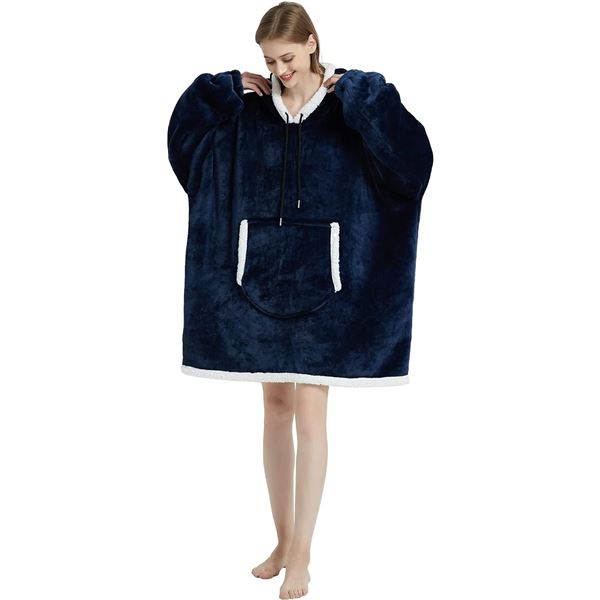 Lot of 1 Wearable/Oversized Hoodie Sherpa Blanket For Adults - Blue - Brand New