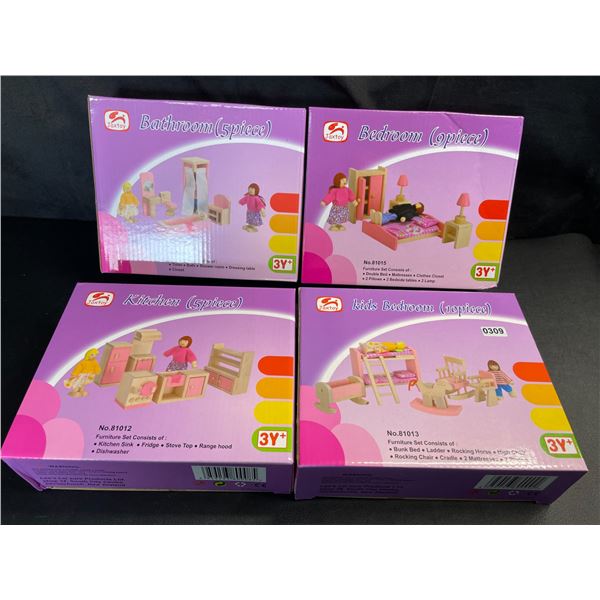 Lot of 4 Toy Doll-House Assorted Furniture Sets (Bedrooms, Kitchen, etc.) For Kids Doll/Play Houses