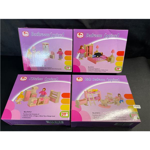 Lot of 4 Toy Doll-House Assorted Furniture Sets (Bedrooms, Kitchen, etc.) For Kids Doll/Play Houses