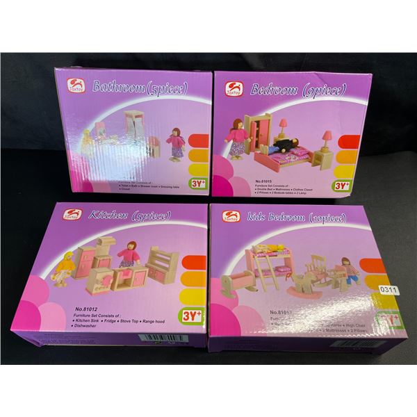 Lot of 4 Toy Doll-House Assorted Furniture Sets (Bedrooms, Kitchen, etc.) For Kids Doll/Play Houses