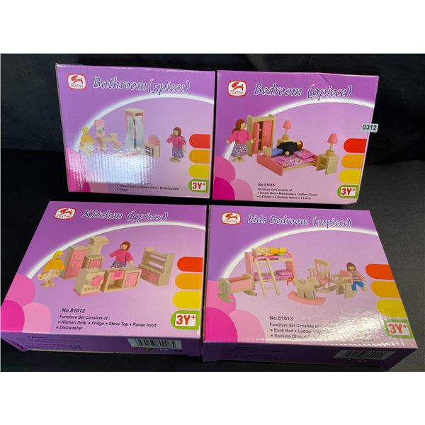 Lot of 4 Toy Doll-House Assorted Furniture Sets (Bedrooms, Kitchen, etc.) For Kids Doll/Play Houses