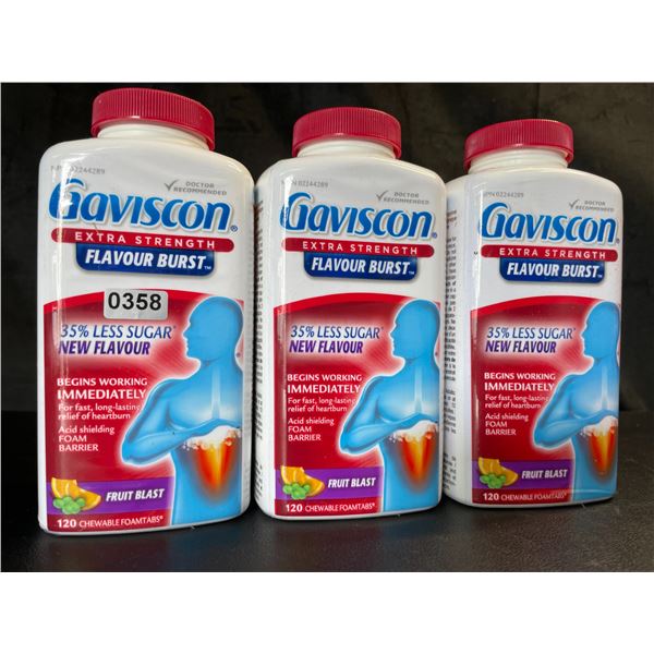 Lot of 3 Gaviscon Extra Strength - For Acid Reflux & Heartburn - 120 Tabs Each - Fruit Blast